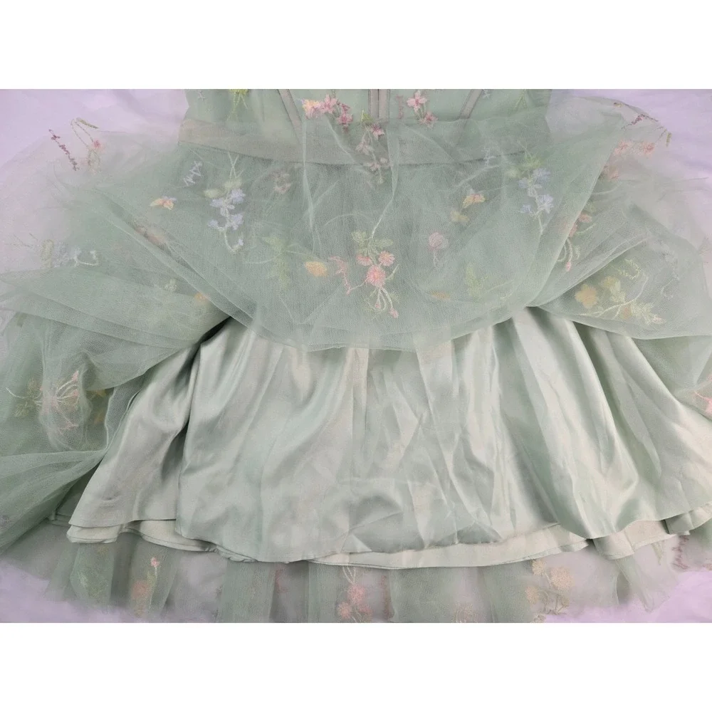 Sage Green Embroidered Floral Tulle Corset Homecoming Dress Size 16 Fairycore